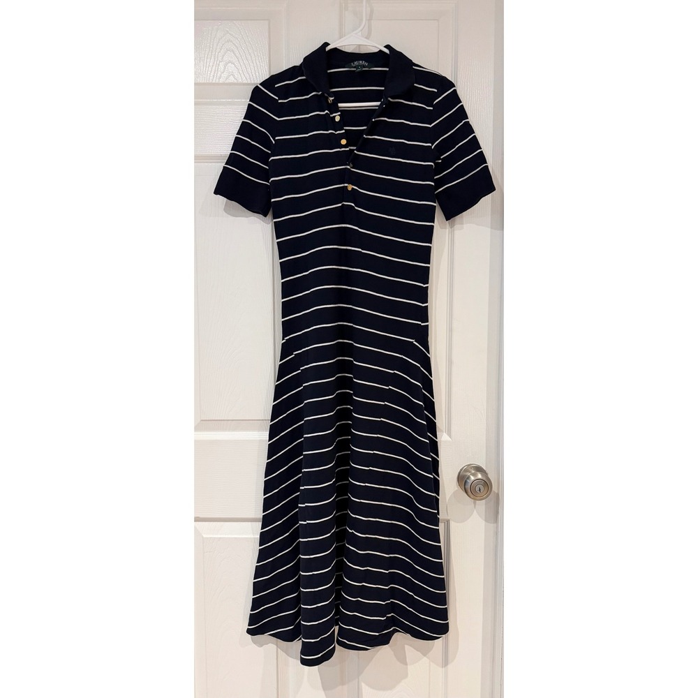 Lauren Ralph Lauren Striped Polo Midi Dress Short Sleeve Preppy Nautical Coastal